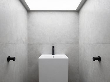 Modern minimalist washroom, matte black fixtures, light gray concrete-textured walls, natural light from a skylight, sharp focus.
