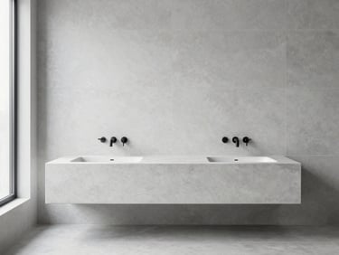 Minimalist luxury bathroom with suspended concrete vanity, matte black fixtures, large-format grey porcelain tiles, natural window light