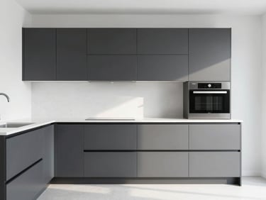 Minimalist modern modular kitchen with matte charcoal cabinets, white quartz countertops, integrated appliances, bright daylight
