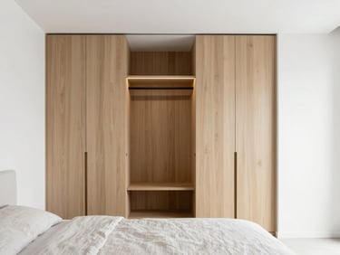 Sleek minimalist bedroom with integrated oak wood wardrobes, soft concealed warm lighting, neutral linen bedding, high-key daylight
