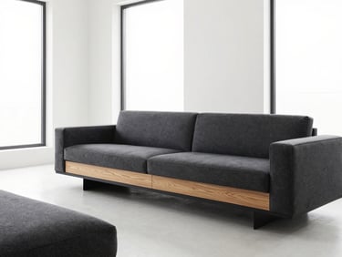 High-end minimalist living room with low-profile charcoal sofa, custom oak media console, large windows, bright natural light