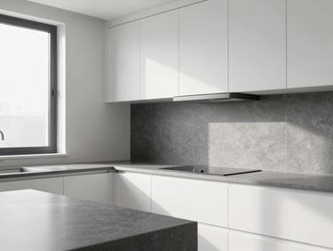Sleek modern kitchen in Ranchi, matte gray quartz countertops, seamless white cabinetry, bright morning light from a side window, minimal architectural crop.