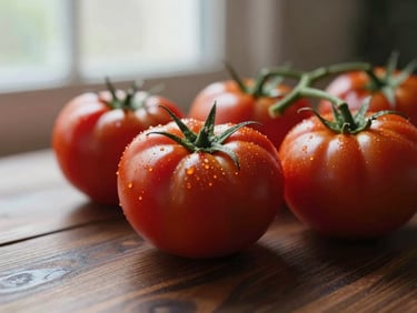 Close-up macro shot of vibrant red heirloom tomatoes on a dark wooden table, soft window light, shallow depth of field