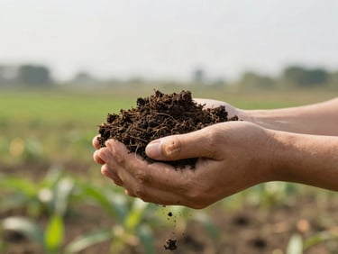 Hands holding rich dark organic soil in a sunlit field, soft natural overcast daylight, rustic agricultural setting