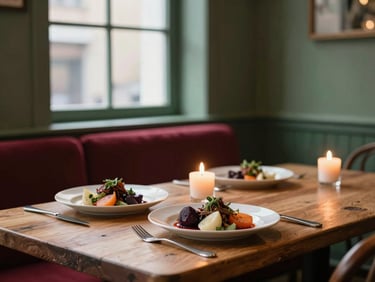 Cozy Scandinavian-style restaurant interior, warm candle light, rustic wooden table with plated winter root vegetable dishes