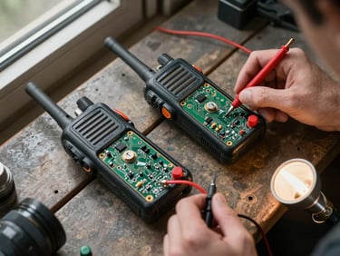 Close-up overhead bench documentation shot of two disassembled Motorola portable two-way radios laid open on a worn workbench surface, internal circuit boards exposed, a pair of steady hands holding a multimeter probe to a solder point, natural window light from the left, tungsten accent from a bench lamp at lower right