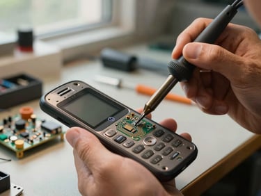 Extreme close-up of a technician's hands holding a Motorola mobile device with its back panel removed, soldering iron tip making contact with a circuit board trace on the bench, scattered small components in the background, warm tungsten workbench light, natural daylight from a window behind