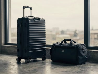 High-end travel luggage and a modern camera bag resting on a clean concrete floor near a large window, soft overcast daylight, desaturated navy tones.