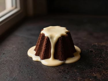 Overhead flatlay of a mini chocolate vulcão cake, creamy brigadeiro filling pooling around the center, dark moody background, warm lighting.