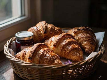 Moody close-up of an artisanal breakfast basket with freshly baked croissants, a small jar of local jam, and a single flower, warm morning shadows