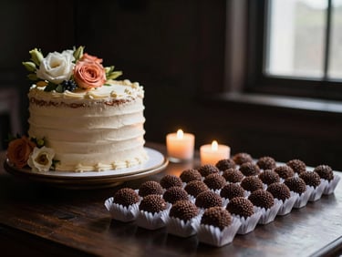 Bespoke celebration cake decorated with fresh flowers next to a neat row of gourmet brigadeiros, dark background, warm candlelit glow.