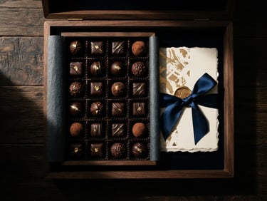 Dramatic overhead flatlay of an elegant corporate wooden gift box, containing artisanal chocolates, a custom card, and hand-tied ribbons, moody side window lighting, deep shadows