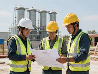 Ingenieros con cascos y chalecos de alta visibilidad revisando planos frente a una subestación eléctrica en construcción, luz de día brillante.
