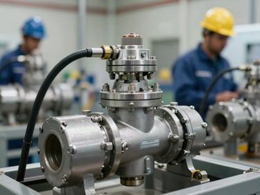 Primer plano técnico de una válvula de control de flujo industrial de alta presión instalada en una central de distribución hídrica, ingenieros con casco al fondo desenfocados