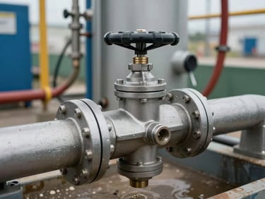 Primer plano técnico de una válvula de control de flujo y tuberías de gran diámetro en una estación de bombeo de agua potable, iluminación nítida de ingeniería.
