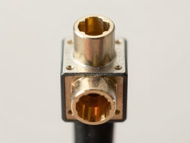 Electrical connector or cable assembly photographed straight-on against neutral off-white background, consistent daylight, full object visible, no contextual staging, true color and form