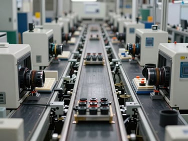Straight-on view of a factory production line with machinery in orderly rows, products at various assembly stages visible on conveyors, neutral studio-grade lighting with no harsh shadows, no people, clean industrial environment