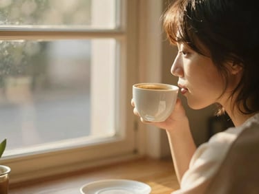 Warm editorial photography of a person drinking coffee by a sunlit window, looking relaxed, soft golden-hour lighting, shallow depth of field, 35mm