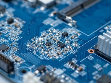 Crisp macro photography of a blue motherboard under cool studio light, metallic solder points in sharp focus, shallow depth of field.