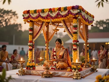 Wide shot of a beautifully decorated traditional South Indian wedding mandap with vibrant floral arrangements and brass lamps, golden hour light, shallow depth of field.
