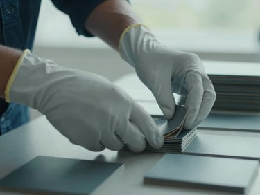 Close detail shot of gloved hands sorting through stacked objects on a cleared table, soft overcast Normandy light, muted blue-green tones, focus on the hands and the methodical work