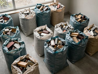 Overhead view of neatly sorted cleared materials in labeled bags on a clean floor, natural diffuse light from a window, calm and organized, no visible mess or chaos