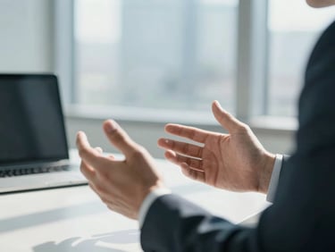 Close-up of an executive's hands gesturing during a focused discussion in a modern office, bright natural daylight, cool desaturated blue and gray tones, architectural depth of field.