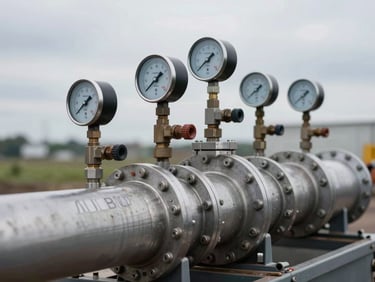 Tight macro shot of industrial steel manifolds, digital flow meters, and pressure gauges on a Chinook tailings unit, overcast field lighting.