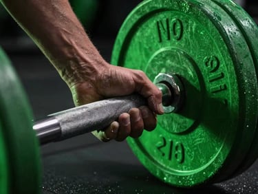 Close-up of a knurled barbell being gripped, chalk dust, visible tension, neon green rim light, deep shadows.