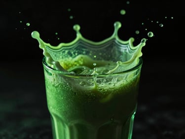 Close-up of a protein shake being mixed, dynamic splash, low-key lighting, neon green glow, dark background.