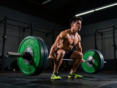 Athlete performing a heavy deadlift, low-angle shot, sweat visible, neon green rim light, deep shadows, gym interior.