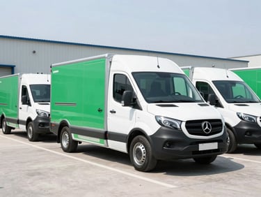 A modern delivery vehicle fleet parked in a clean, bright logistics bay, high-key natural daylight, emerald green detailing, sharp focus