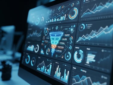 Macro close-up of a modern sales pipeline dashboard on a screen, cool tech studio lighting with electric blue reflections, sharp focus, 35mm lens