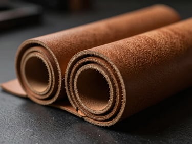 Macro shot of authentic Alcantara and full-grain Nappa leather rolls resting on a dark workbench, dramatic side lighting highlighting the rich textures