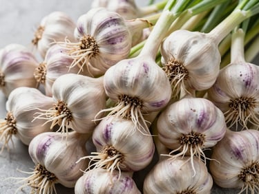 Close-up of fresh white and purple garlic bulbs with roots, clean rustic background, soft daylight