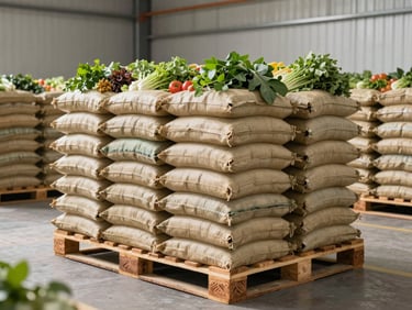 Pallets of neatly packed agricultural sacks in a clean, modern, well-lit logistics warehouse, soft natural light, professional photography, 35mm