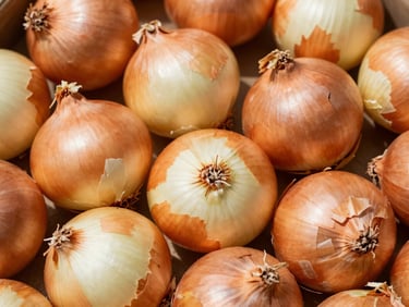 Close-up of golden Spanish onions with dry papery skin, natural sunlight, detailed texture
