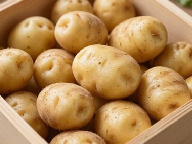 Close-up of clean, premium Spanish potatoes in a wooden crate, warm natural daylight, rich earthy texture