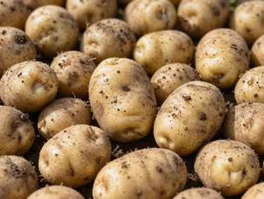 Freshly harvested potatoes with light soil on them, clean presentation in bright natural daylight, 35mm