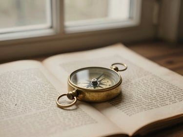 An antique brass compass resting on a dusty historical manuscript, soft library window light