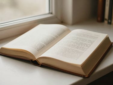 An open leather-bound book with handwritten annotations in the margins, soft afternoon light, warm tones