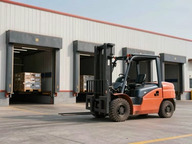 Wide shot of a cargo warehouse loading dock at daylight, a forklift moving freight in the background, clean industrial environment, no people in foreground, no text