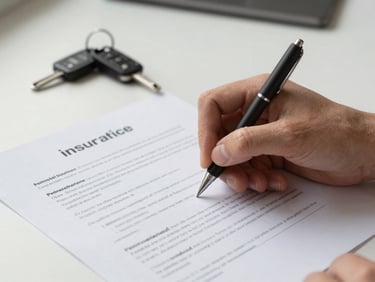 Close-up of hands reviewing and signing a commercial insurance document on a clean desk, studio daylight, a set of truck keys visible in the background, sharp focus on the paper