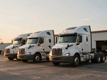 Wide environmental shot of a fleet yard at golden hour, two semi-trucks parked in formation, a driver visible walking toward the cab, warm directional light across the scene, open sky above