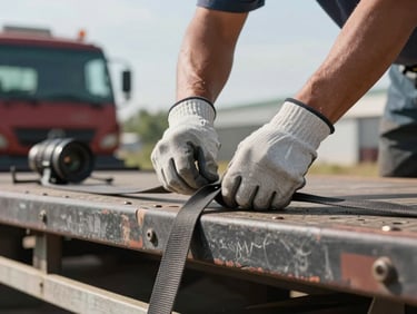 Close-up of a worker's gloved hands securing cargo straps on a flatbed trailer under bright natural daylight, industrial setting, no faces, no text