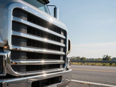 Close-up side profile of a commercial semi-truck cab on a highway under clear daylight, chrome grille detail sharp, road stretching behind it, no people, no text