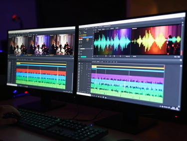 Close-up of a professional editing workstation in a dark mobile production suite, dual monitors displaying color-graded event footage, waveforms and timeline visible, dramatic backlighting from the screens, sharp focus on the keyboard and color grading panel