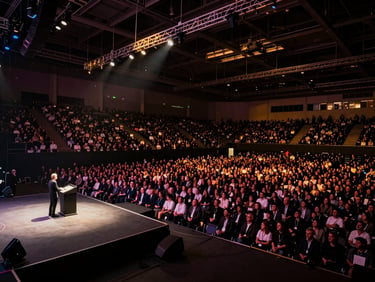 Wide-angle shot inside a massive convention hall, dense crowd stretching to the back wall, dramatic overhead truss lighting casting warm amber pools, a lone speaker at a podium on a vast illuminated stage, cinematic depth of field, high contrast, dark ambient surroundings