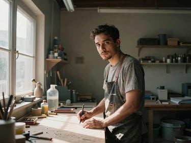 Wide-angle environmental portrait of a local artisan working in a dimly lit workshop, natural light streaming from a side window, looking directly at the camera.