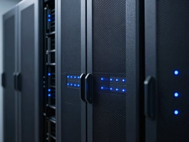 Close-up of server racks with subtle electric blue indicator lights, clean, modern, cool crisp studio lighting, deep slate tones.